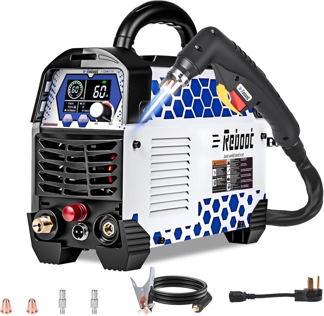 Reboot Plasma Cutter Non-High Frequency Non-Touch Blow Back Pilot Arc, 1" (25mm) Max Cut 5/8 Inch Clean Cut, 2T/4T, Large LED Display Gouging/Marking/Mesh Plate Cutting 120V/240V Dual Voltage