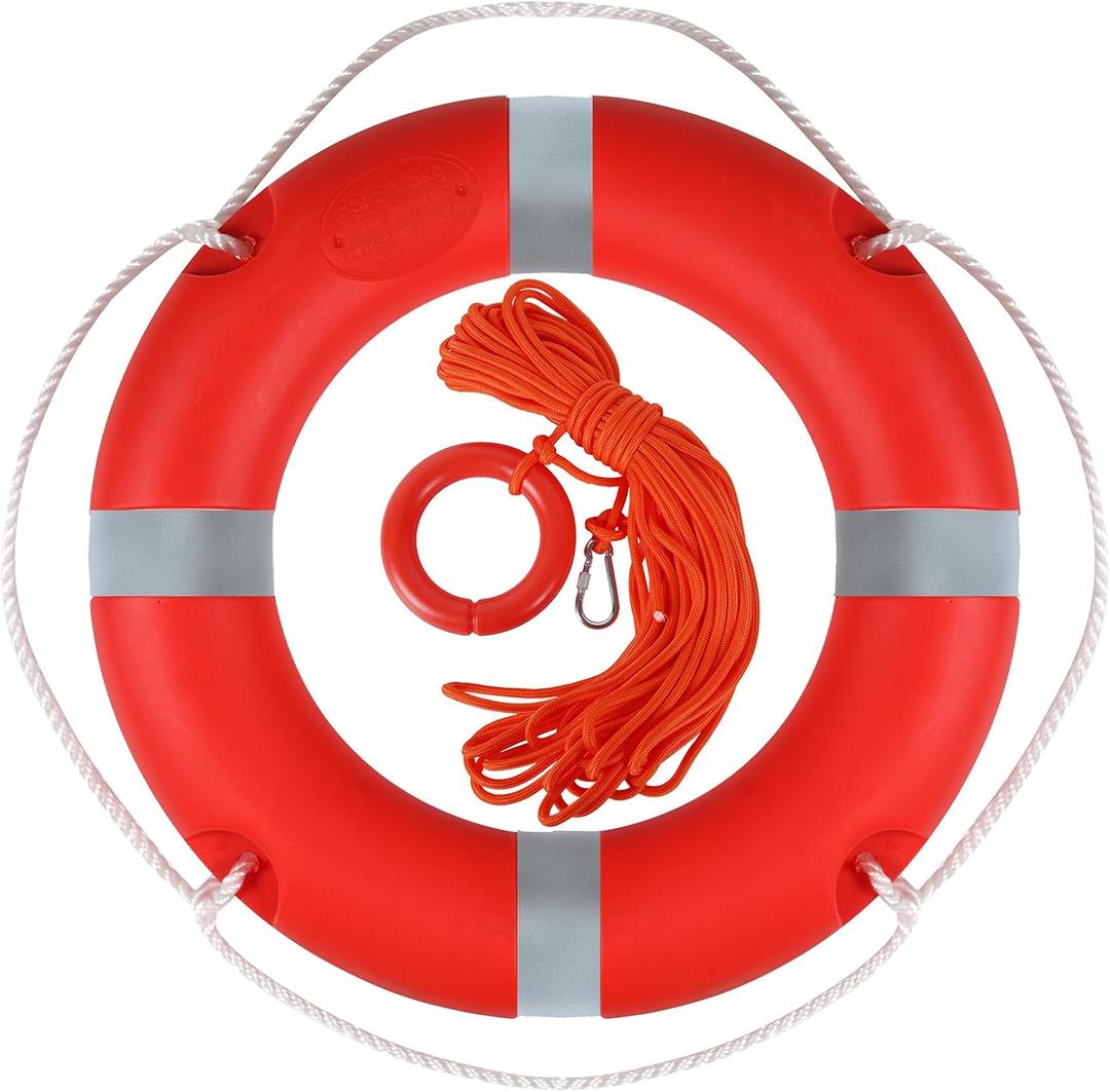 Calvana 28 Inch Life Ring Buoy with Grab Rope, Marine Throw Ring Lifebuoy for Boat Dock Pool Waterfront Safety, Closed-Cell Polyurethane Foam Core, High-Strength Polyethylene Shell, Red