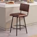 Swivel Counter Height Barstool with Back, Upholstered 26'' Counter Stool with Metal Frame, Channel Seat Back, Faux Leather Retro Brown