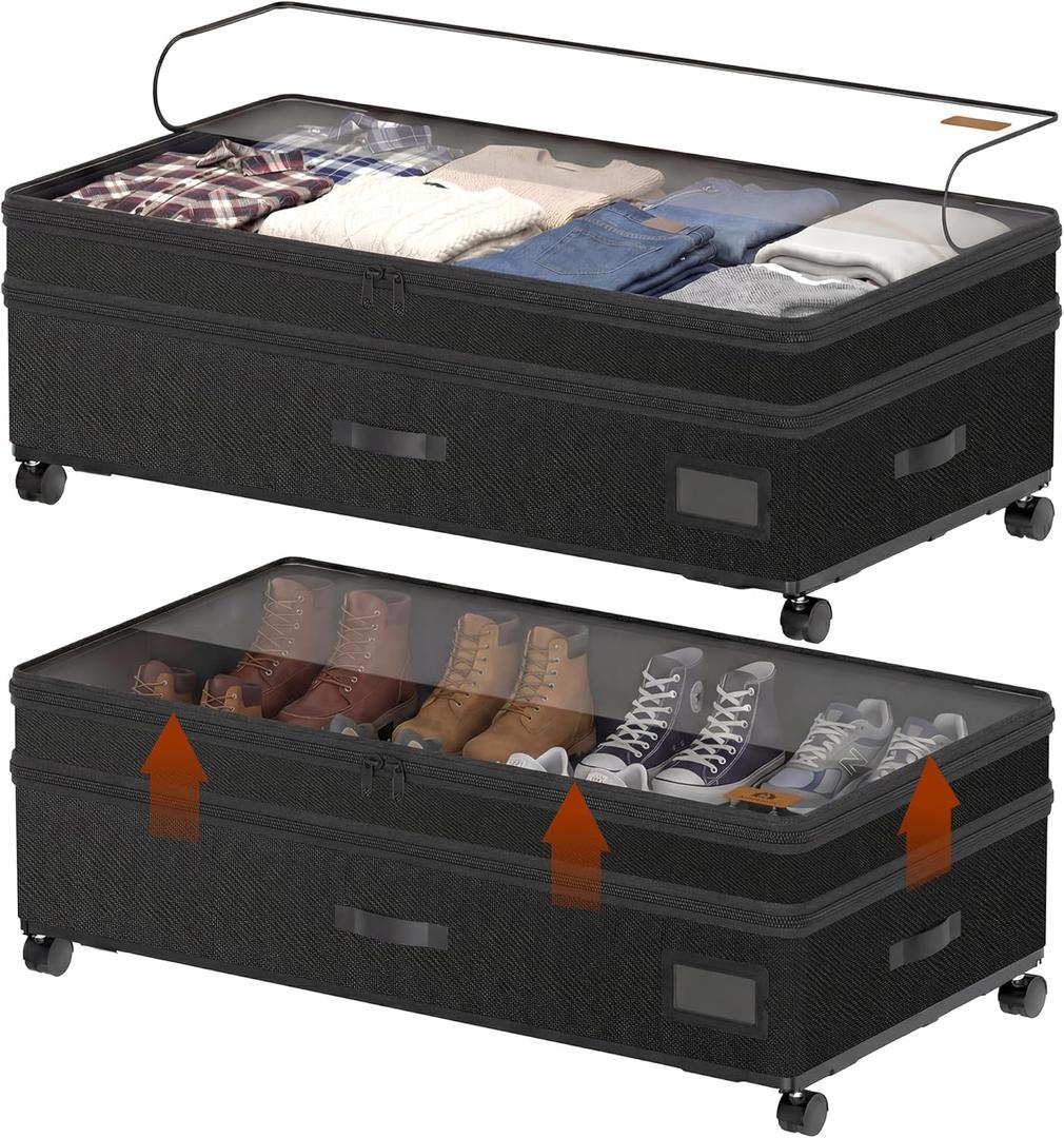 Under Bed Storage with Wheels, Adjustable Height Underbed Storage Containers, 2 Pack 65L Bins, Heavy-Duty 600D Fabric & Steel Frame for Clothes, Shoes, Bedding