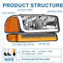 LED DRL Headlights Assembly fit 1999-2007 GMC Sierra/2000-2006 Yukon XL 1500 2500 No Denali Models Chrome Housing Amber Reflector LH RH Replacements