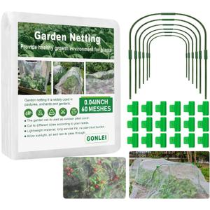 GonLei 10x43FT Garden Mesh Netting Kit Raised Beds (6 Pcs Garden Hoops & 18 Clips) Garden Hoops Plant Row Covers Netting Protection Berry Bush Trees Grass Seed Barrier Net (White)