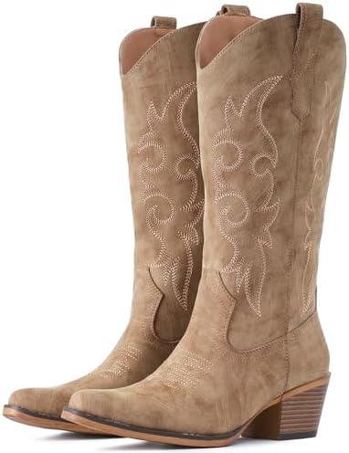 IUV Cowboy Boots For Women Western Cowgirl Boots Mid Calf Snip Toe Boot With Chunky Heel, 8.5, Camel