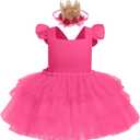 ODASDO Baby Girl First Birthday Cake Smash Outfit Flutter Sleeve Princess Tutu Tulle Romper Dress with Tiara Headband (M)