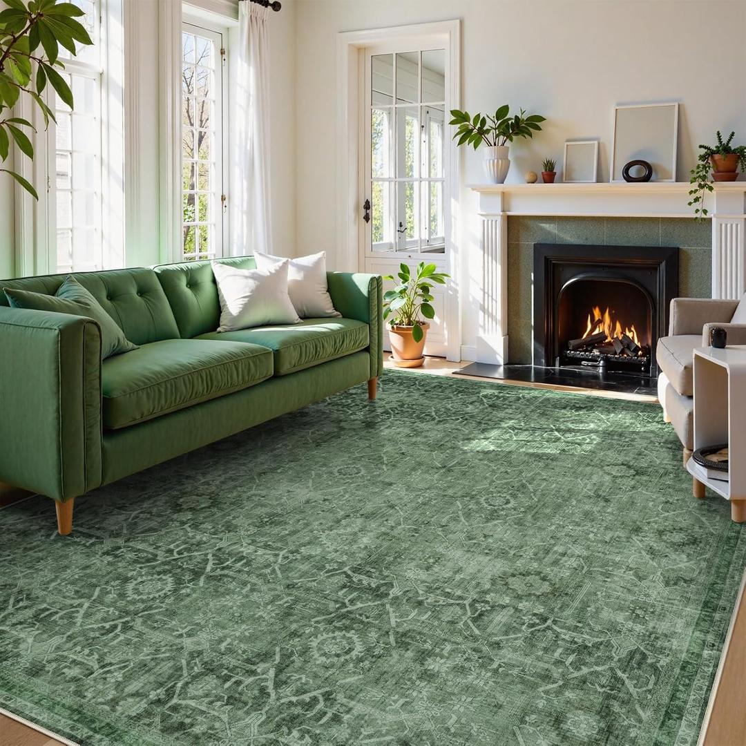 Large Area Rug for Living Room 9x12, Washable Area Rug 9x12 Non Slip Vintage Farmhouse Bedroom Carpet Stain Resistant Ultra-Thin Low Pile Aesthetic Print Floor Rug for Dining Guest Office - Dark Green