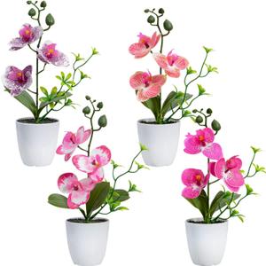 XONOR 4Pcs Artificial Orchid Flowers Mini Potted Orchid Flowers Fake Orchids with Plastic Vase for Home Office Wedding Table Centerpiece Decoration (Purple&Red)