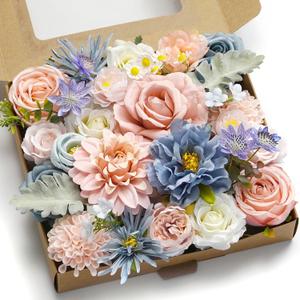 Artificial Flower Combination Box Set Artificial Flower Loose Leaves and Stems DIY Wedding Center Bouquet Bride Wedding Baby ShowerNostalgia Blue Powder