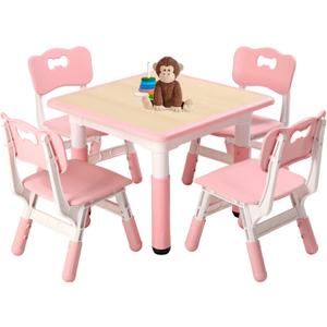 FUNLIO Kids Table and 4 Chairs Set, Height Adjustable Toddler Table and Chair Set for Ages 3-8, Easy to Wipe Arts & Crafts Table, for Classrooms/Daycares/Homes, CPC & CE Approved (5-Piece Set) - Pink