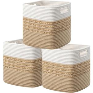 UBBCARE Set of 3 Storage Cubes 11 X 10.5 X 10.5 in, Water Hyacinth Storage Bins for Shelves, Toys, Book, Storage Baskets with Handles, Cotton Rope Woven Baskets for Organizing, Brown