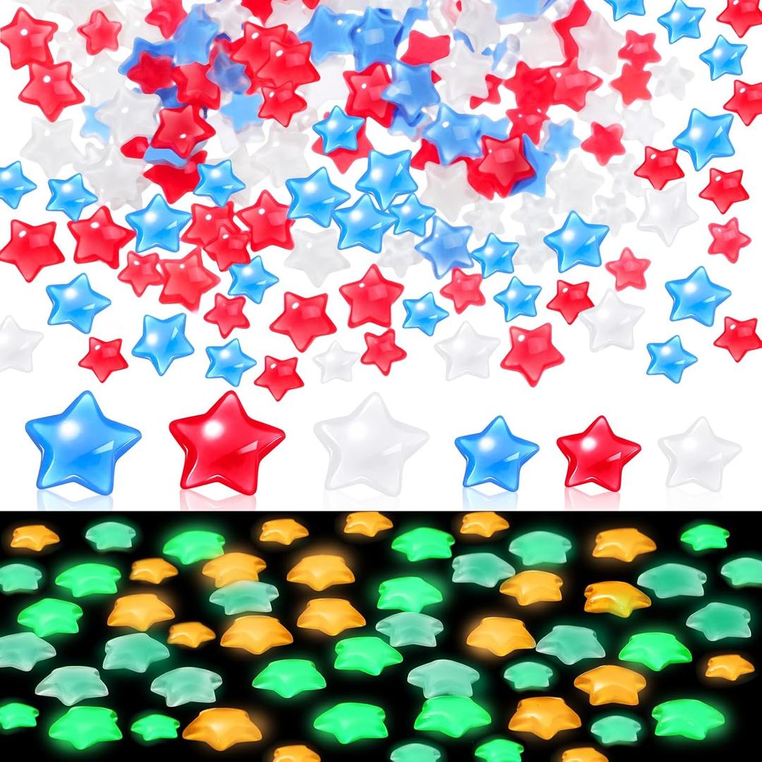 Weysat 240 Pcs Glow in Dark Patriotic Vase Filler 4th of July Star Gem Bead Red White Blue Decor Acrylic Resin Luminous Star for Memorial Day Independence Day Party Tabletop, 0.8/0.2 Inch(Mixed)