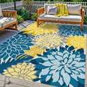 Colorful 9x12 Outdoor Area Rug Washable Multicolored Patio Rug Tropical Botanical Floral Chenille Waterproof Outdoor Carpet Non-Slip for Deck, Backyard, Porch, Ocean Dahlia