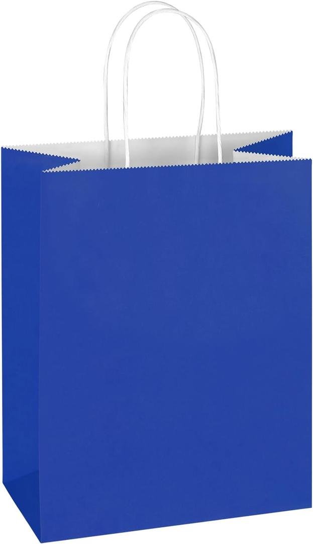 Mlyta 100 Pack 8x4.75x10 Inch Medium Royal Blue Kraft Paper Gift Bags with Handles Bulk for Goodie, Party Favor Brithday Grocery Shopping Business Wedding Retail Craft Treat To Go, Merchandise Sacks