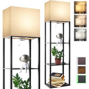 RUNTOP Plus Floor Lamp with Shelves, Shelf Lamp with 15W LED Bulb, 3 Colors, Memory Function, Wide Display Shelf for Collectibles Storge, Floor Lamps for Living Room, Standing Lamp for Bedroom