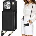 KIHUWEY Crossbody Wallet Case for iPhone 15 Pro, Zipper Pocket Case with Card Holder, PU Leather RFID Blocking Protective Cover Case with Kickstand Detachable Wrist Strap Lanyard 6.1" (Black)
