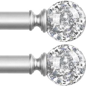 TVWOO Silver Decorative Crystal Curtain Rods 2 Pack:36-88"Heavy Duty Adjustable Window Curtains Rods for Bedroom Living Room,Nickel Modern Girly Acrylic Drapery Rod Set with Sheer Bling Foil Finials