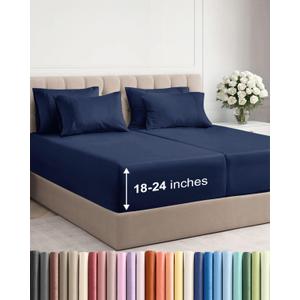 Extra Deep Split King Sheet Set - 7 Piece Breathable and Cooling Sheets - Hotel Luxury Bedding for Women, Men, Kids & Teens - Easy Secure Fit - Soft and Wrinkle Free - Extra Deep Pockets - Navy Blue