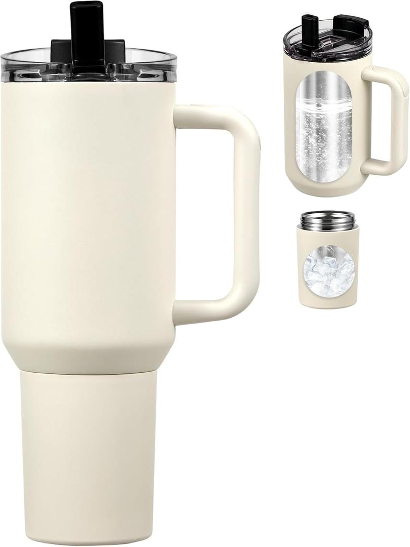 40oz Insulated Tumbler with 2-in-1 Lid and Straw, Bottom Detachable 2-in-1 Tumbler with Handle Stainless Steel Water Bottle Reusable Coffee Tumbler Travel Mug Wide Mouth Thermal Cup (Beige)