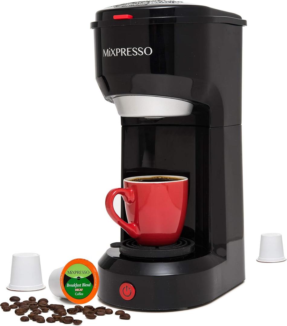 Mixpresso 2-in-1 Coffee Maker  Single Serve & Ground Coffee Brewer, Compact Personal Coffee Machine for Pods & Loose Grounds, Quick Brew 14 oz Portable Small Coffee Maker, Black