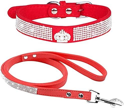 Haoyueer Cute Dazzling Sparkling Elegant Fancy Soft Suede Leather Bling Rhinestone Crystal Jeweled Pet Cat Dog Puppy Collar Dog Leash Combo Set (M, Red-5)