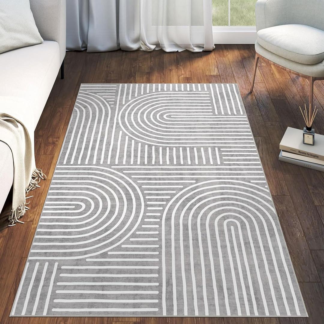 LUXRUG 3x5 Washable Area Rug - Small Entryway Rug Non-Slip Grey Abstract Rainbow Kitchen Rugs Modern Boho Carpet Throw Rugs for Living Room Bedroom Bathroom Dorm Nursery Room Home Decor