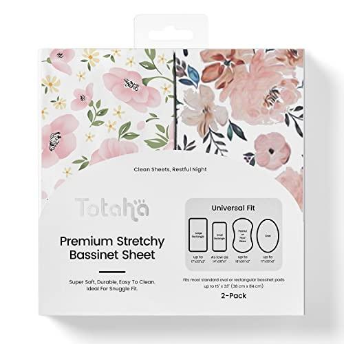 TotAha Premium Stretchy Bassinet Sheets for Baby Girl, Silky Comfort Cradle Sheets Fitted 18 x 36 for Oval, Rectangular, Hourglass Mattress, Hypoallergenic, Buttery Soft 2-Pack (Floral & Pale Pink)