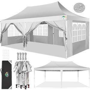 COBIZI 10x20 Pop up Canopy Tent with 6 Sidewalls, Easy up Canopy Tents for Parties with Metal Frame, Waterproof & UV50+, Height Adjustable, Portable Carry Bag Included (White)