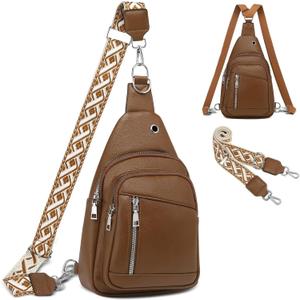 Anti Theft Sling Bag, 2 in 1 PU Leather 8.3" Convertible Crossbody Bags, Fanny Pack Backpack with 2 Removable Straps for Hiking Cycling Sport (Brown)
