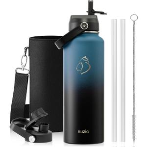 BUZIO Water Bottle with Straw Lid and Flex Cap, 40oz Double Vacuum Stainless Steel Water Flask, Cold for 48 Hrs Hot for 24 Hrs Simple Thermo Canteen Mug, Indigo Black