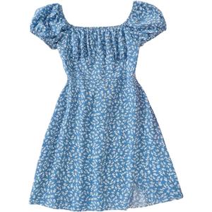 Verdusa Girl's Boho Floral Puff Sleeve A Line Dress Summer Shirred Slit Vacation Dresses (Blue, 12 Years Old)