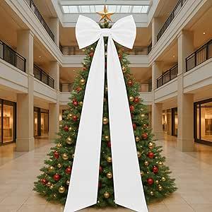 23.62 x 90.55 Inches Christmas Extra Large Bows Giant Christmas Tree Topper Bow Decorations Satin Bow Tree Topper for Xmas Decorations Wreath Home Holiday Party Decor(White)