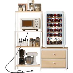 Mini Fridge Stand with Storage - Microwave Bakers with Power Outlet, Coffee Bar Cabinet Station, 4-Tier 2 Drawer Fridge Stand (White Oak)