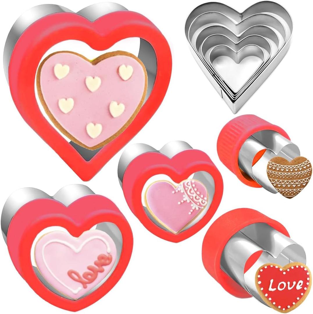 Heart Cookie Cutter Set 10 Pieces, Stainless Steel Heart Shaped Cutters Mold for Sandwich Fondant Pastry Cake Biscuit Fruit Vegetable, Red Color Large Medium Small Mini Sizes