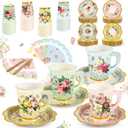 280PCS Spring Tea Party Decorations, Floral Paper Tea Cups & Saucer Set, Disposable Floral Cups With Handle Napkins Plates Knives Forks for Girls Kids Afternoon Tea Birthday, Wedding Party Supplies