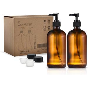 16oz Amber Glass Hand Soap Dispenser, 2 Pack - Thick Pump Bottles for Bathroom, Kitchen, Countertop - Refillable Brown Bottles for Shampoo, Conditioner, Lotion, Oil, Liquid, Set of 2