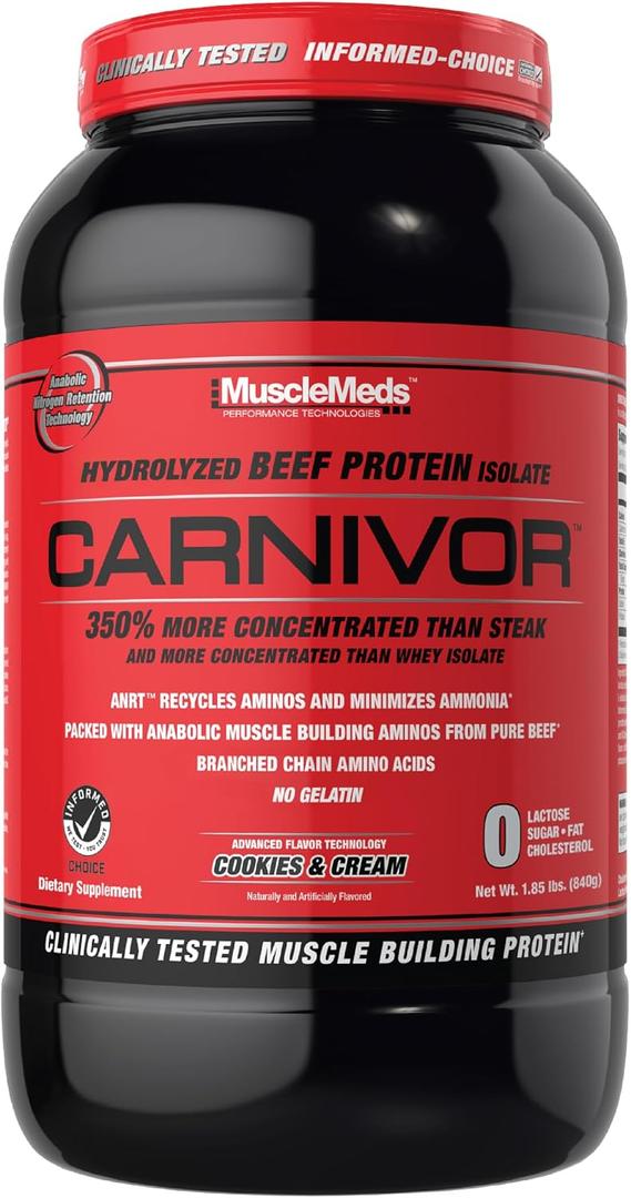 MuscleMeds Carnivor Hydrolyzed Beef Protein Isolate, 28 Servings, Cookies & Cream,1.85lbs (EXP 05/31/29)