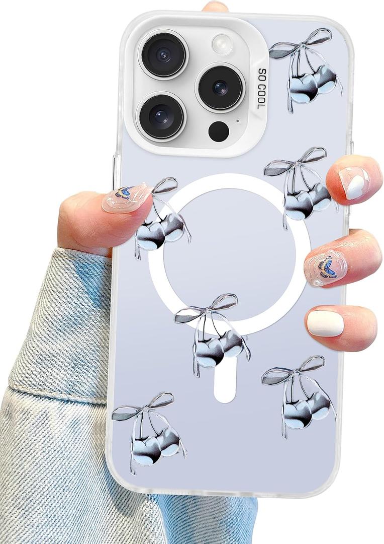 Aitipy Magnetic for iPhone 13 Pro Case, Cute Sliver Cherry Pattern [Compatible with MagSafe], Aesthetic Trendy Slim Shockproof Protective Phone Cover for Women Girls