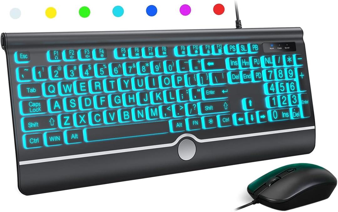 Wired Keyboard and Mouse Combo - Large Print Light Up Keyboard, USB Silent Wired Backlit Keyboard and Optical Mouse for Windows, PC, Laptop - Easy to See, USB Play and Plug LARGE