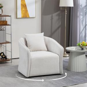 Modern Round Swivel Accent Chairs - Upholstered Armchair with Curved Back, Club Chairs with Waist Cushion, Barrel Chairs Swivel with Rotation Design, Cozy Reading Chair for Bedroom, Office (White)
