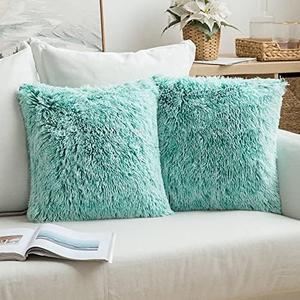 MIULEE Pack of 2 Ultra Soft Fluffy Throw Pillow Covers Decorative Plush Shaggy Double-Sided Faux Fur Winter Pillow Cases Cushions Covers for Cute Sofa Bedroom Car 18x18 Inch Aqua Green Ombre