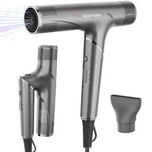 BEAUTURAL Hair Dryer, 1600W High-Speed Foldable Travel Blow Dryer, 110,000 RPM Brushless Motor Million Ionic for Fast Drying & Frizz Control, 3 Temps & 3 Speeds, Dual Voltage for Worldwide Use, Gray