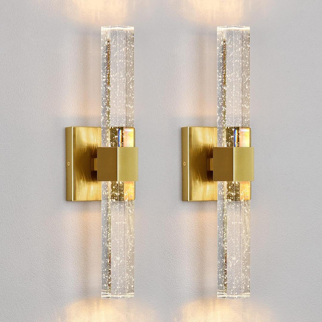 Epinl Wall Sconces Set of Two - Gold Sconces Wall Lighting 14W Dimmable LED Crystal Bathroom Light Fixture with Bubble Glass 15.7inch Indoor Vanity Lights for Bathroom Hallway Bedroom (2 Pack)