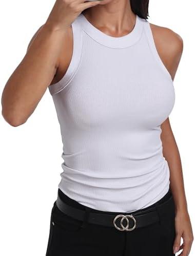 GEMBERA Womens Sleeveless Racerback High Neck Casual Basic Cotton Ribbed Fitted Tank Top, S