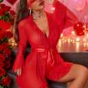 Avidlove Mesh Lingerie Robe Sets for Women Sexy Nightgown Long Sleeve Kimono Ruffle Nighty With Thong, Size XL