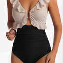 Women One Piece Swimsuit Tummy Control Ruffle Bathing Suit Cutout V Neck Swim Suit Ruched Slimming Swimwear (Black, M)