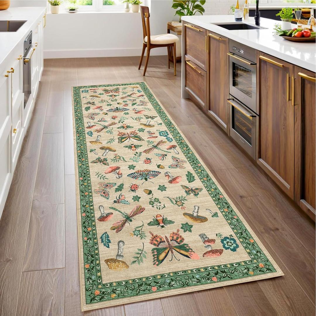Mushroom Insect 2x6 Runner Rug for Hallway Washable Kitchen Rugs Non Slip with Rubber Back Khaki Green Low-Pile Stain Resistant Indoor Carpet for Entryway Bathroom Laundry Dorm