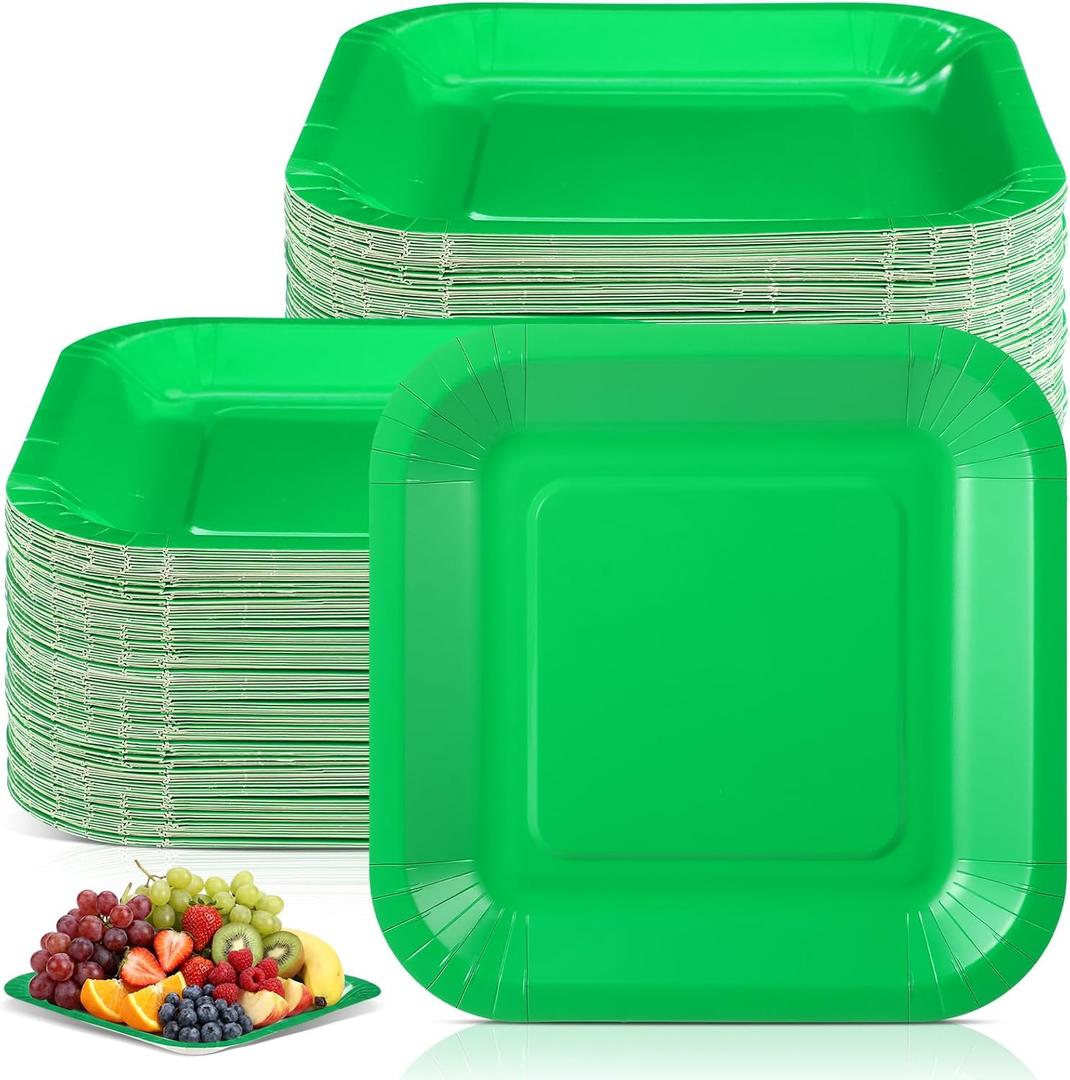 Dandat 100 Pack 7 Inch Easter Paper Square Plates Appetizer Disposable Cake Plates Disposable Lunch Metallic Foil Dessert Tableware for Birthday Wedding Anniversary Party Supplies (Green)