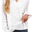RUMIA Womens Blouses V Neck Eyelet Lace Tops with Lining Dressy Sheer Long Sleeve Shirts Embroidered Blouses 2026 Fashion (White, S)