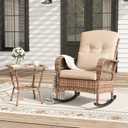 Outdoor Wicker Rocking Chair with Thick Cushions, Rattan Patio Chairs with Lumbar Pillow, Removable Washable Covers, All Weather Patio Furniture for Porch Balcony Garden, Beige