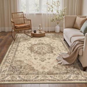 Brown Area Rug 3x5 Washable Vintage Carpet for Entryway Office Soft Retro Kitchen Low Pile Thin Door Mat Non Slip Oriental Medallion Throw Rug for Bathroom Bedroom Dining Living Room