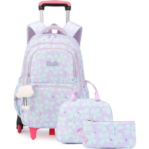Bansusu 3Pcs Kids Rolling Backpack for Girls with Lunch Bag, Lucky Leaf School Bag Girls Roller Backpack with 6 Wheels, Purple